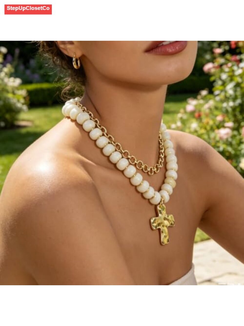 Gold Plated Chunky Beaded Cross Layered Necklace Adjustable Lobster Clasp - Picture 5 of 6